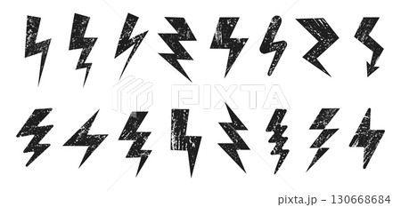 Grunge textured lightning bolt shapes. Rough electric power energy strike symbols, distressed thunderbolt silhouettes and power flash with scratched texture vector set 130668684