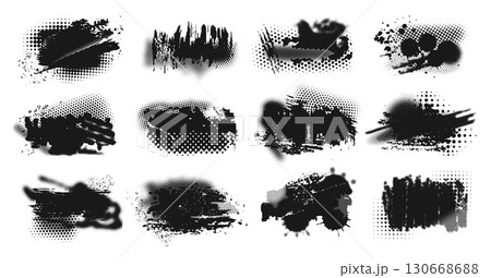Grunge halftone textures. Mixed media ink brush strokes with distressed halftone pattern effects, dirty paint splatter shapes and rough urban graffiti style backgrounds vector set Grunge halftone textures. Mixed media ink brush strokes with distressed halftone pattern effects, dirty paint splatter shapes and rough urban graffiti style backgrounds vector set 130668688