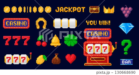 Pixel art slot machine. Pixelated 8 bit casino 777 lucky symbols, lemons, bells, diamonds, hearts, clover, horseshoe, jackpot and bar signs. Retro video game style gambling icons vector set Pixel art slot machine. Pixelated 8 bit casino 777 lucky symbols, lemons, bells, diamonds, hearts, clover, horseshoe, jackpot and bar signs. Retro video game style gambling icons vector set 130668690