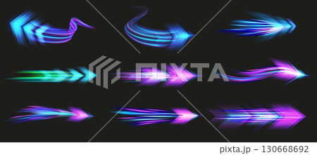 Light speed arrows. Futuristic glowing arrow streaks with high speed motion blur effect, fast pointers and dynamic direction beam with neon glow effect vector set 130668692