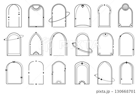 Linear boho arch frames. Bohemian arched borders shapes with stars, orbits and sun rays. Celestial and cosmic geometric minimalist decorative line art vector templates set with editable stroke path 130668701