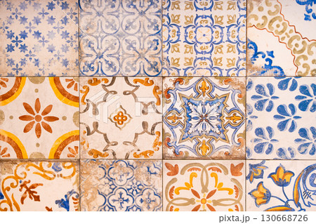 Portuguese azulejo blue tiles. Watercolor seamless pattern 130668726