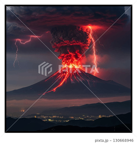 夕暮れの富士山噴火 130668946