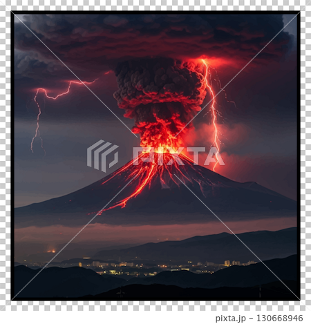 夕暮れの富士山噴火 130668946