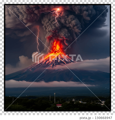 夕暮れの富士山噴火 130668947