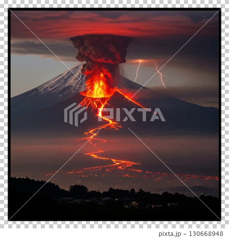 夕暮れの富士山噴火 130668948