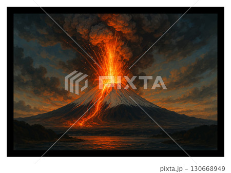 夕暮れの富士山噴火 130668949
