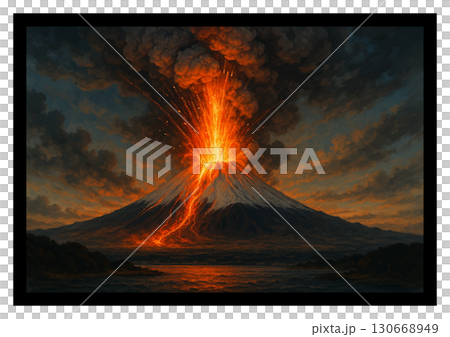 夕暮れの富士山噴火 130668949