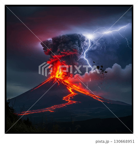 夕暮れの富士山噴火 130668951