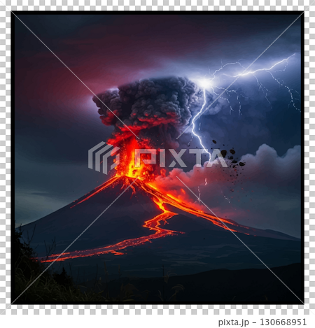 夕暮れの富士山噴火 130668951