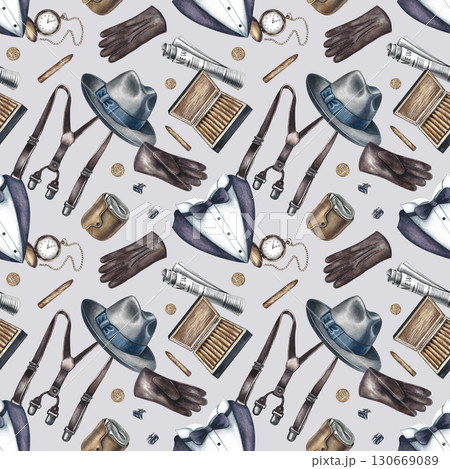 Seamless men's pattern featuring men's accessories. Hand-drawn watercolor illustration. Perfect for textiles, wrapping paper, packaging, holiday decor, and more. Seamless men's pattern featuring men's accessories. Hand-drawn watercolor illustration. Perfect for textiles, wrapping paper, packaging, holiday decor, and more. 130669089