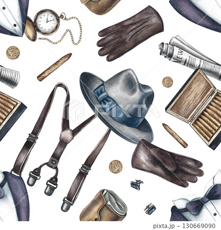 Seamless men's pattern featuring men's accessories. Hand-drawn watercolor illustration. Perfect for textiles, wrapping paper, packaging, holiday decor, and more. Seamless men's pattern featuring men's accessories. Hand-drawn watercolor illustration. Perfect for textiles, wrapping paper, packaging, holiday decor, and more. 130669090