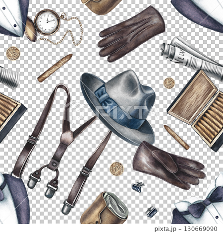 Seamless men's pattern featuring men's accessories. Hand-drawn watercolor illustration. Perfect for textiles, wrapping paper, packaging, holiday decor, and more. 130669090