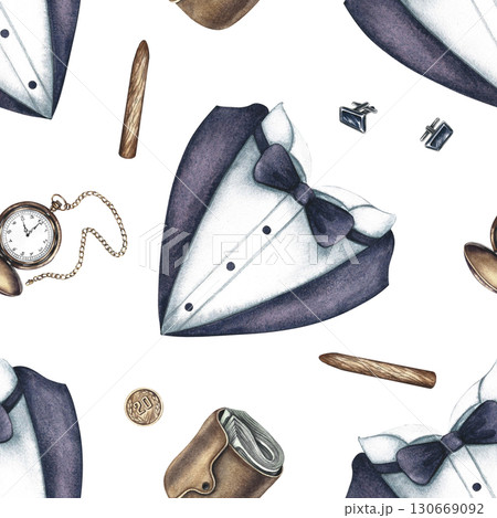 Seamless pattern on men's theme., tuxedos, wallets, cigars and pocket watches. Hand-drawn watercolor illustration. For textiles, packaging and labels, wallpaper, wrapping paper, decor, murals and more Seamless pattern on men's theme., tuxedos, wallets, cigars and pocket watches. Hand-drawn watercolor illustration. For textiles, packaging and labels, wallpaper, wrapping paper, decor, murals and more 130669092