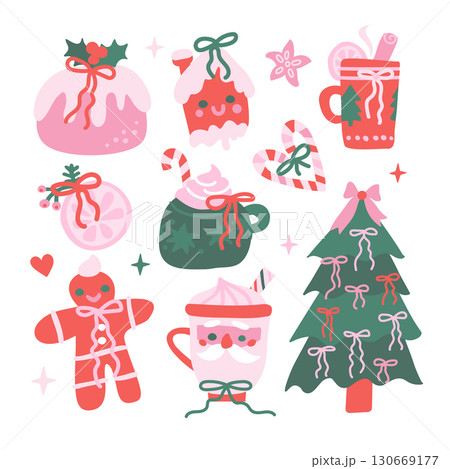 Set of Pastel Coquette Christmas elements - pine tree, Gingerbread house, Gingerbread man, hot beverage and candy with playfuk bows. Pink and Mint Green Doodle Hand Drawn flat vector illustration. Set of Pastel Coquette Christmas elements - pine tree, Gingerbread house, Gingerbread man, hot beverage and candy with playfuk bows. Pink and Mint Green Doodle Hand Drawn flat vector illustration. 130669177