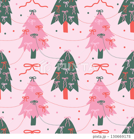 Coquette seamless pattern with hand drawn Christmas trees decorated ribbons, garland and ornaments on light pink background. Decorative holiday flat vector hand drawn design. 130669178