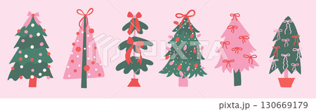 Cute set of Pastel Coquette Christmas Trees with Bow, Pink and Mint Green Doodle Hand Drawn ribbons and baubles. Flat hand drawn vector illustration. 130669179