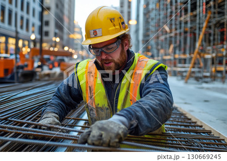 Focused construction worker in yellow hard hat and safety vest working with steel rebar on an active urban building site. 130669245