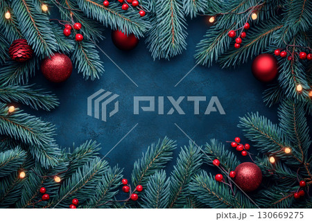Festive winter holiday frame with green fir branches, red shiny ornaments, berries, and warm string lights. Dark blue textured background offers copy space. Festive winter holiday frame with green fir branches, red shiny ornaments, berries, and warm string lights. Dark blue textured background offers copy space. 130669275