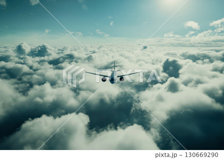 Jet airplane soars above an endless sea of white fluffy clouds against a vibrant blue sky and bright sun. 130669290