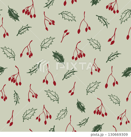 Vector Christmas seamless pattern of abstract red berries, leaves and branches. Hand painted winter plant isolated on green background. Illustration for design, print, fabric or background. 130669309