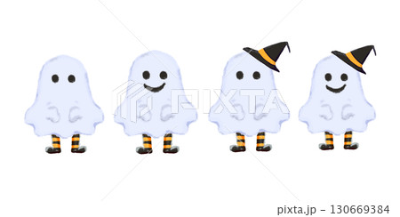 横並びのかわいいハロウィンおばけセット（帽子・表情違い） 130669384