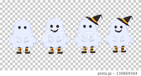 横並びのかわいいハロウィンおばけセット（帽子・表情違い） 130669384
