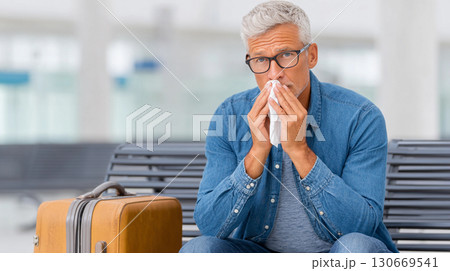 Middle-aged man with gray hair and glasses sitting on a bench in an airport terminal looks worried while holding a tissue and a suitcase nearby Middle-aged man with gray hair and glasses sitting on a bench in an airport terminal looks worried while holding a tissue and a suitcase nearby 130669541