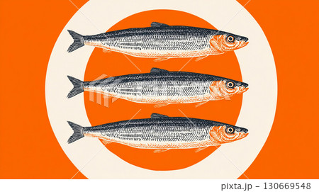 Illustration of three sardines fish arranged in a circular design with an orange background and concentric circles. Modern poster. 130669548
