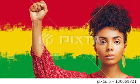 A young African woman confidently raises her fist in the air, symbolizing solidarity and empowerment. Black History Month illustration 130669721