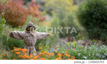 Scarecrow standing in a vibrant garden surrounded by blooming flowers and greenery during a bright sunny day Scarecrow standing in a vibrant garden surrounded by blooming flowers and greenery during a bright sunny day 130669763