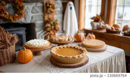Festive dessert display featuring a variety of pies and autumn decorations in a cozy setting during the fall season 130669764
