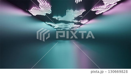 3D rendering. Abstract background of a long dormitory with neon lights on the ceiling in the form of an irregular geometric shape. Minimalistic design for poster, cover, branding, banner, poster. 3D rendering. Abstract background of a long dormitory with neon lights on the ceiling in the form of an irregular geometric shape. Minimalistic design for poster, cover, branding, banner, poster. 130669828