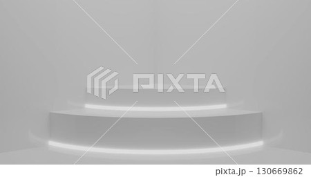 3d rendering. Abstract composition of geometric shapes in a bright room with neon lighting. A podium for your mockup. 3d rendering. Abstract composition of geometric shapes in a bright room with neon lighting. A podium for your mockup. 130669862