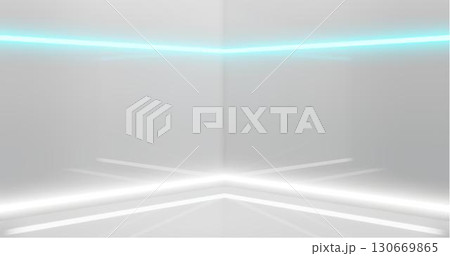 3d rendering. Abstract composition of geometric shapes in a bright room with neon lighting. A podium for your mockup. 130669865