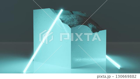 3d rendering. White pieces of stone wall with broken textured edges in neon light blue lighting, rubble stone slabs for product display background. 130669882