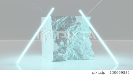 3d rendering. White pieces of stone wall with broken textured edges in neon light blue lighting, rubble stone slabs for product display background. 3d rendering. White pieces of stone wall with broken textured edges in neon light blue lighting, rubble stone slabs for product display background. 130669883