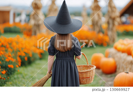 Young girl in black dress and witch hat walking through pumpkin patch filled with vibrant orange flowers and pumpkins during autumn season 130669927