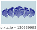 Artful linocut illustration of five blue shells arranged in a row on a light background showcasing intricate details and smooth lines 130669993