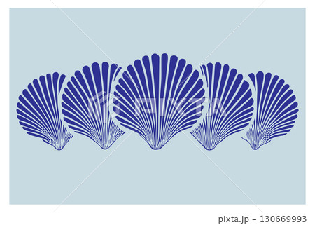 Artful linocut illustration of five blue shells arranged in a row on a light background showcasing intricate details and smooth lines 130669993