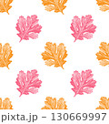This seamless pattern features a vibrant linocut illustration of colorful leaves. The design combines pink and orange hues 130669997