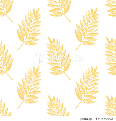 This seamless pattern showcases artistic linocut illustrations of stylized yellow leaves, creating a fresh and vibrant look. Ideal for backgrounds, textiles, and various creative projects 130669998