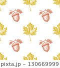 This seamless pattern showcases a linocut illustration design featuring acorns and bright yellow maple leaves, reflecting the beauty of autumn. 130669999