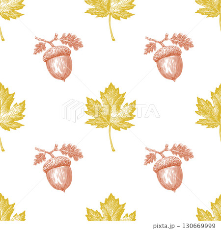 This seamless pattern showcases a linocut illustration design featuring acorns and bright yellow maple leaves, reflecting the beauty of autumn. This seamless pattern showcases a linocut illustration design featuring acorns and bright yellow maple leaves, reflecting the beauty of autumn. 130669999