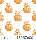 Linocut illustration of seamless pattern featuring orange pumpkins with leaves on a white background 130670001