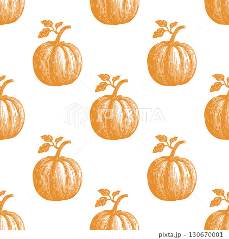 Linocut illustration of seamless pattern featuring orange pumpkins with leaves on a white background 130670001