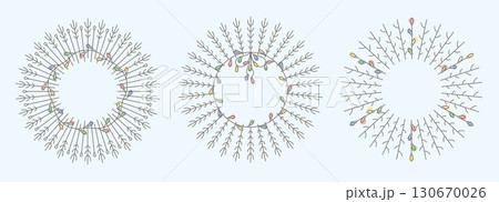 Thin line Christmas, New year wreath with color garland light. Holiday decorative vector elements. Winter season frame, fir branch, berry. 130670026