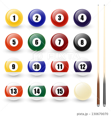 Billiard and Pool Balls Vector Set with Numbers One to Fifteen, White Cue Ball, and Two Pool Cues. Realistic Snooker Balls Illustration Isolated. Sports, Bar, Competition Design 130670070