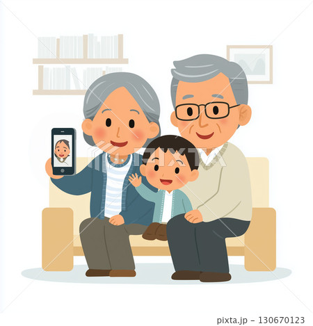 孫と笑顔でビデオ通話するシニア夫婦のイラスト 130670123