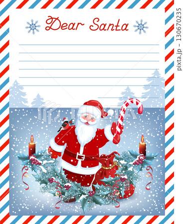 Layout letter template to Santa Claus with inscription "Dear Santa" and cartoon Santa with Christmas striped candy cane, bullfinch and spruce garland. Layout letter template to Santa Claus with inscription "Dear Santa" and cartoon Santa with Christmas striped candy cane, bullfinch and spruce garland. 130670235